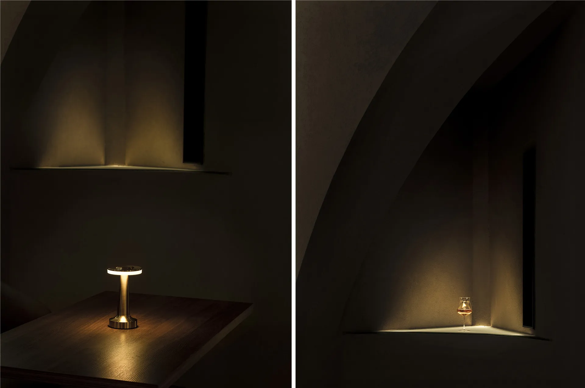 A minimalist interior scene featuring a metal table lamp casting warm light on a wooden surface.