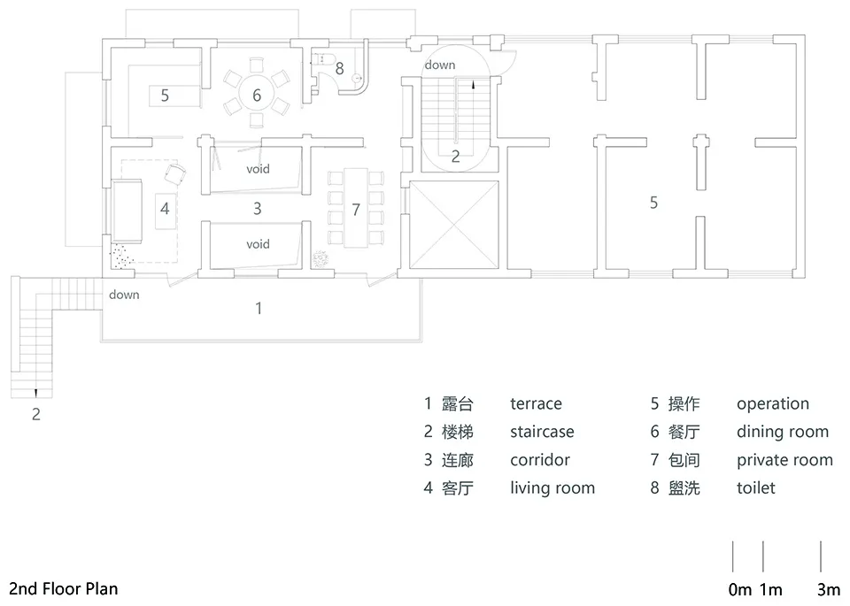 Second-floor architectural plan with a modern dining room, staircase, and void spaces.