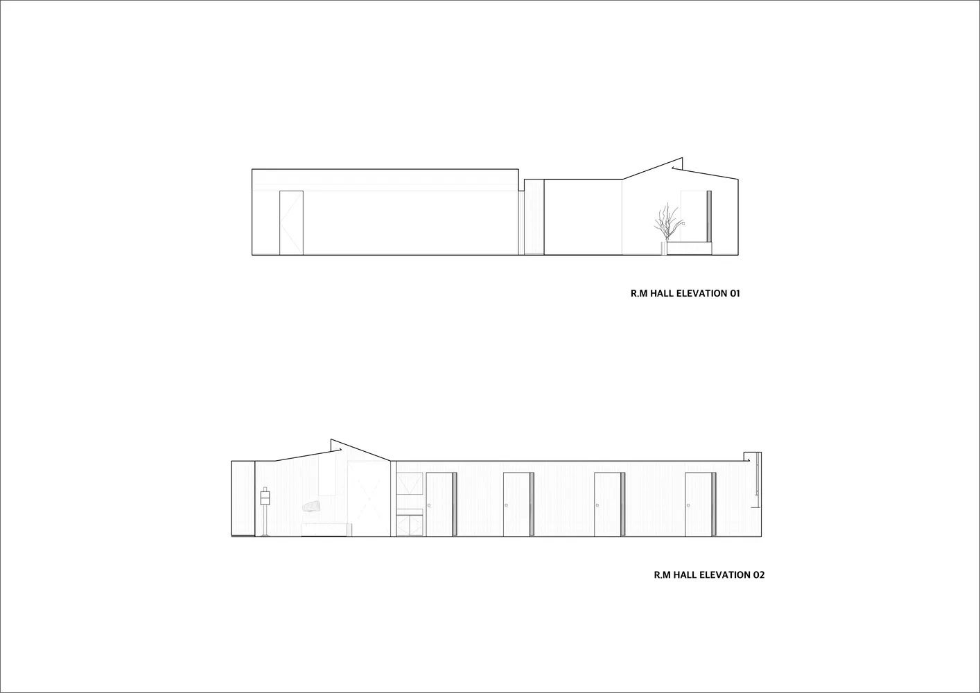 Two elevation drawings of a building's interior, showing a hallway with doors and a plant.