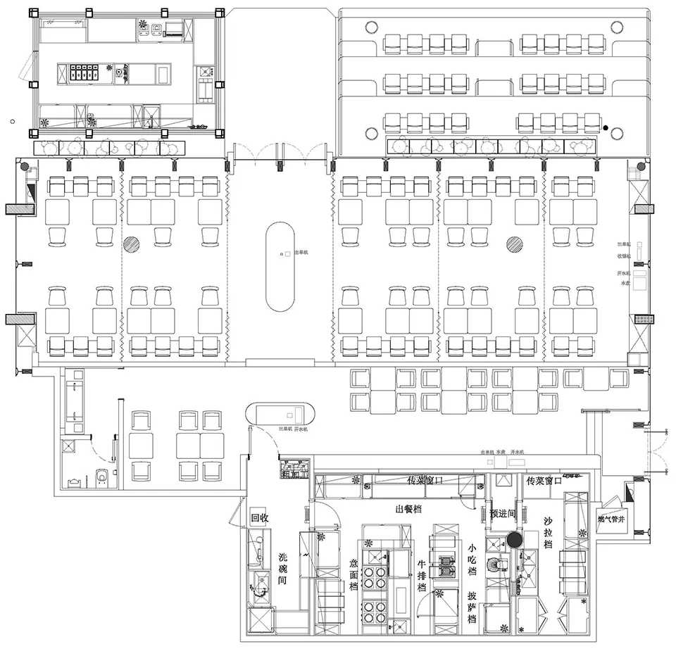一張詳細的2D建築圖,顯示餐廳平面配置,包含餐桌、座椅與廚房區域。