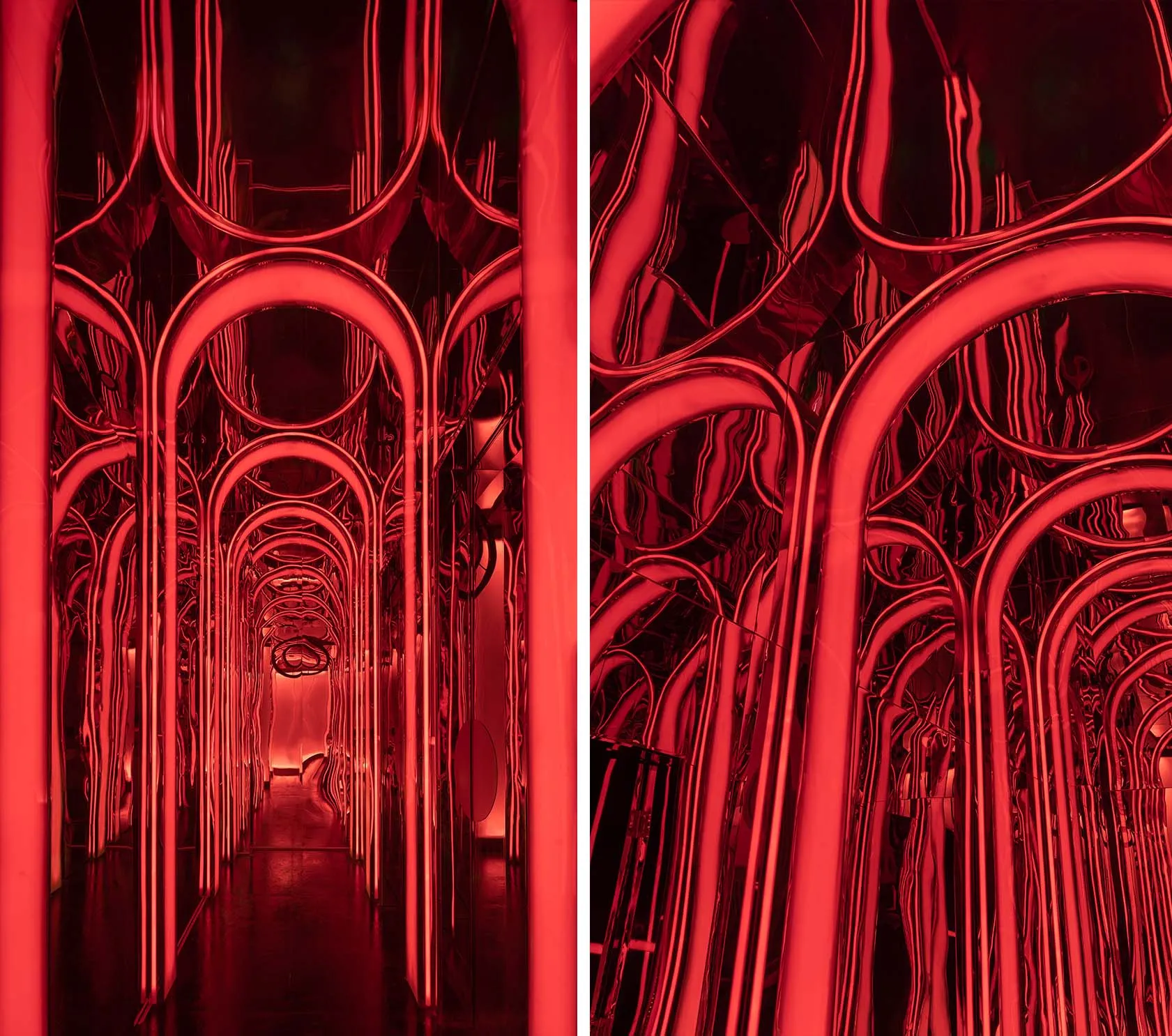 A modern interior featuring metal tubes creating a tunnel-like structure.