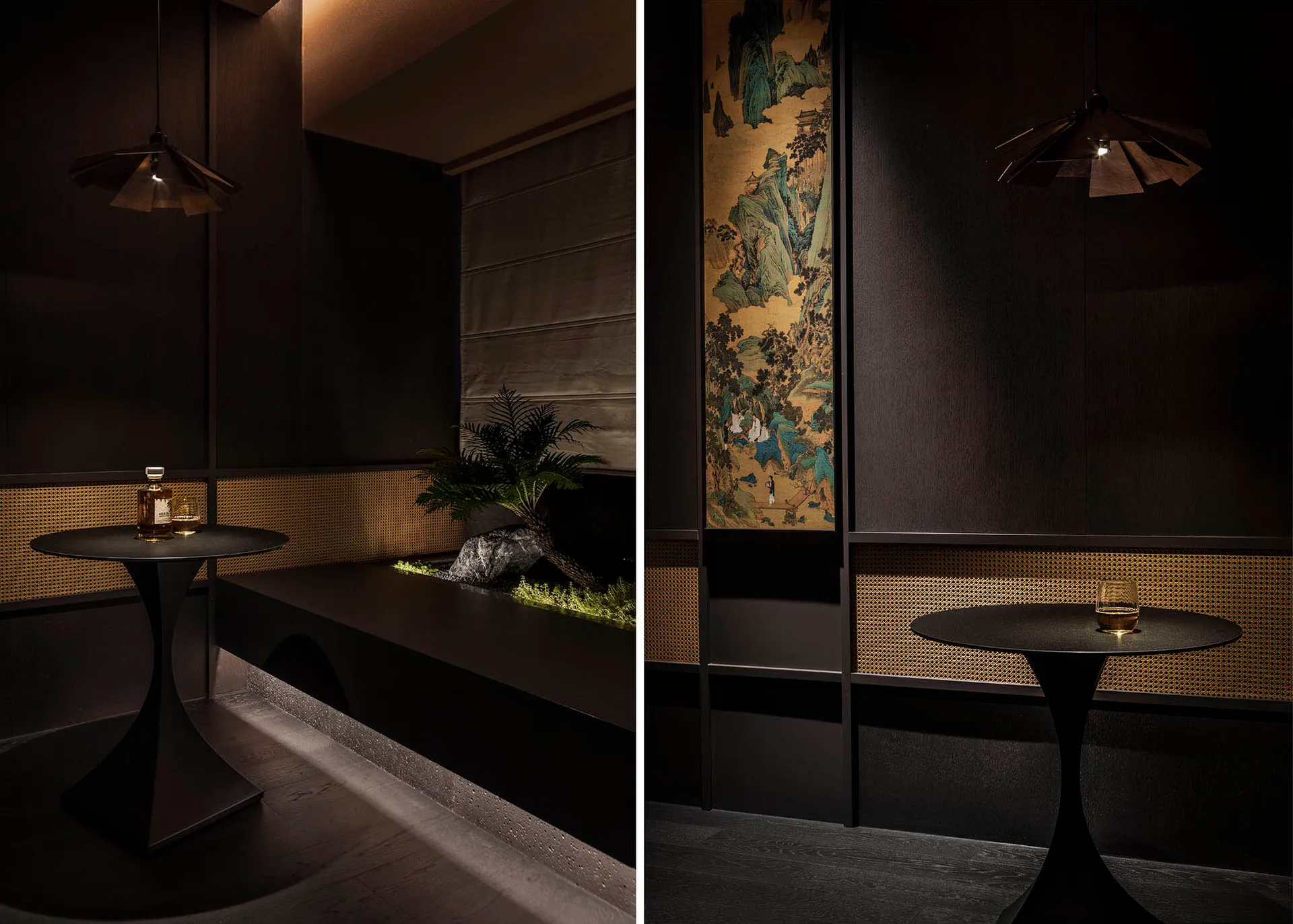 A modern restaurant interior with dark wood, suede, and woven-fiber materials, featuring a dark table with a glass and a smal
