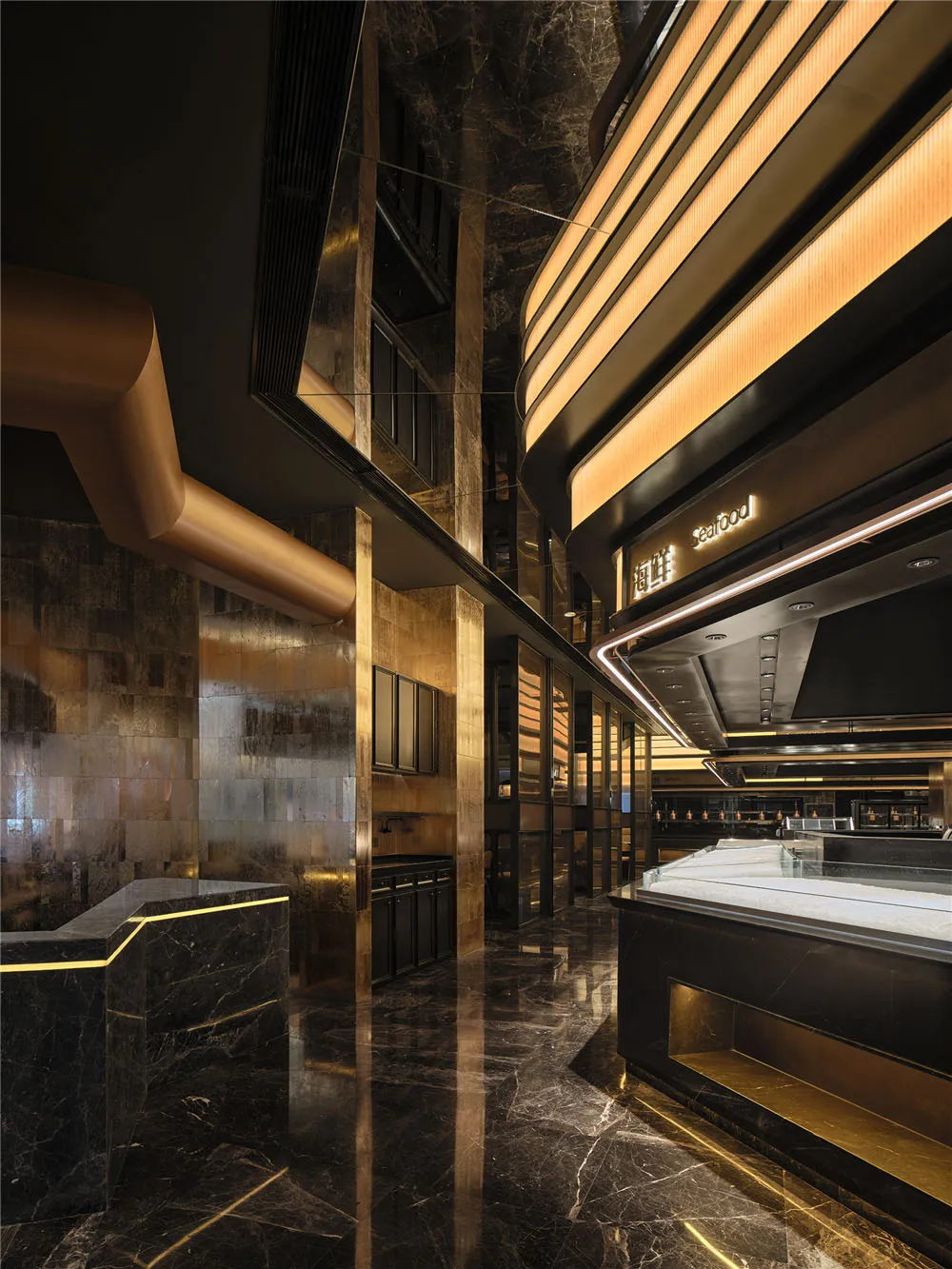 A modern restaurant interior with marble flooring and walls, featuring a sleek, contemporary design.
