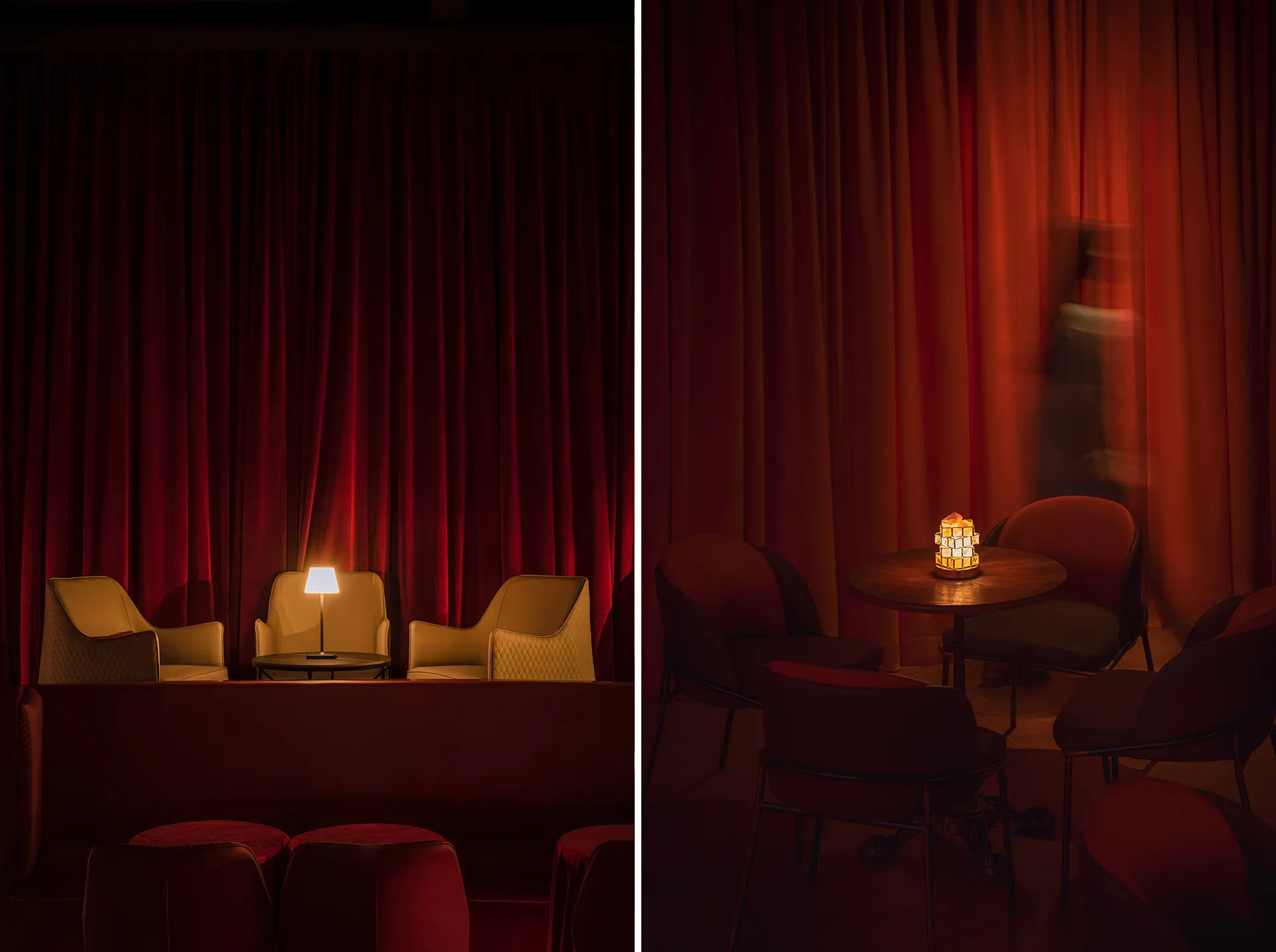 A cozy coffee shop with red curtains and modern seating arrangement.