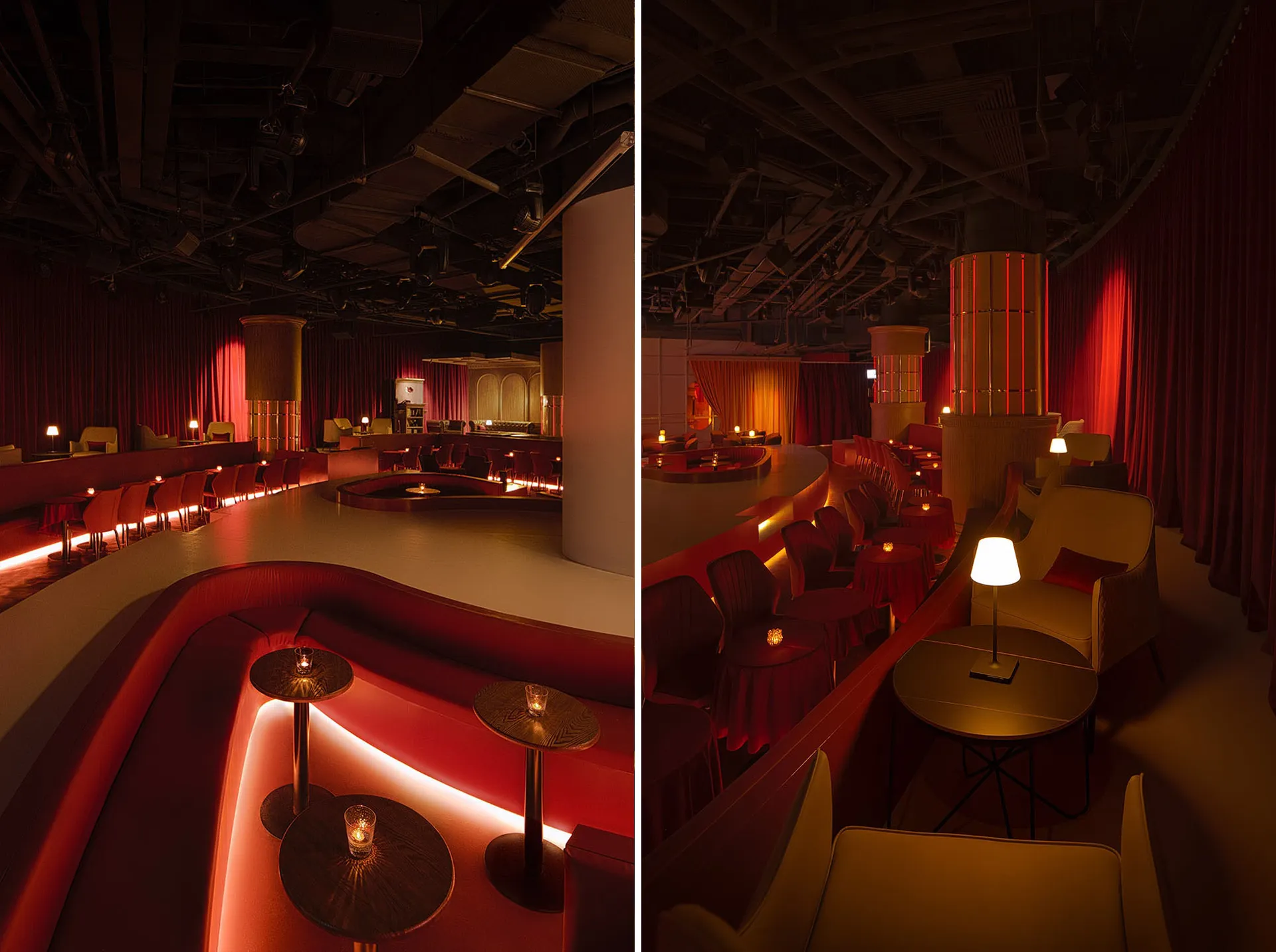 A modern bar lounge featuring red lighting, upholstered seating, and sleek furniture.