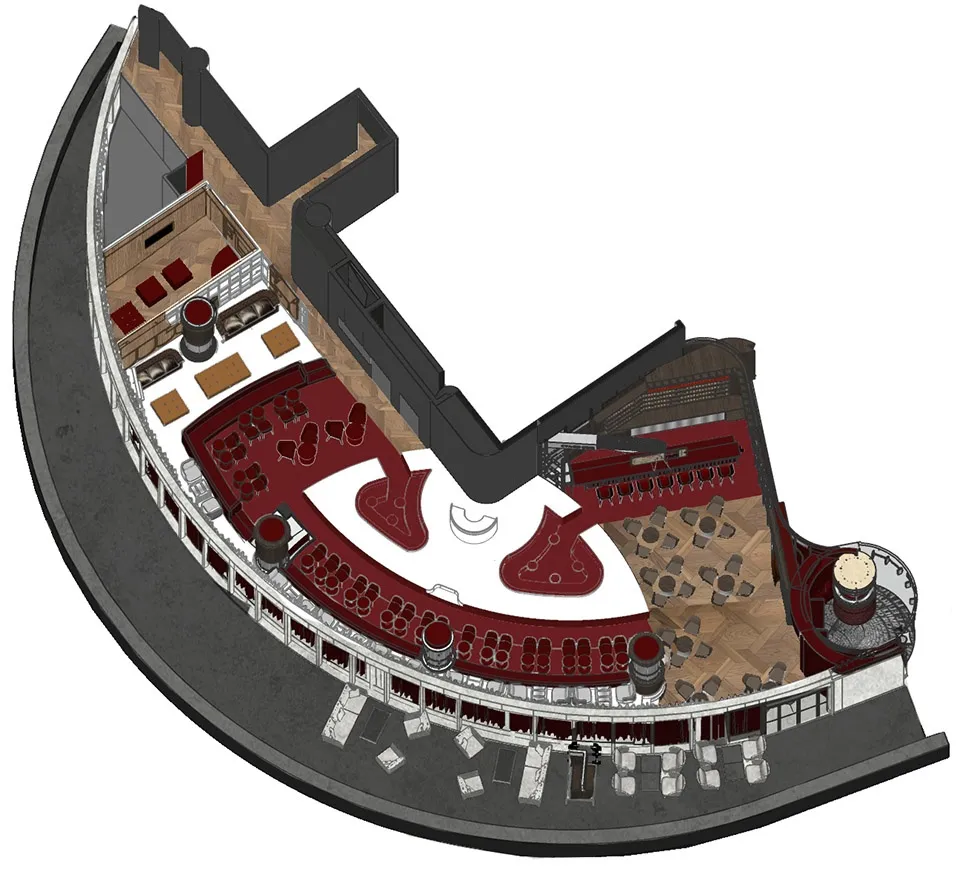 A detailed rendering of a restaurant's interior space, including seating arrangements, tables, and decorative elements.