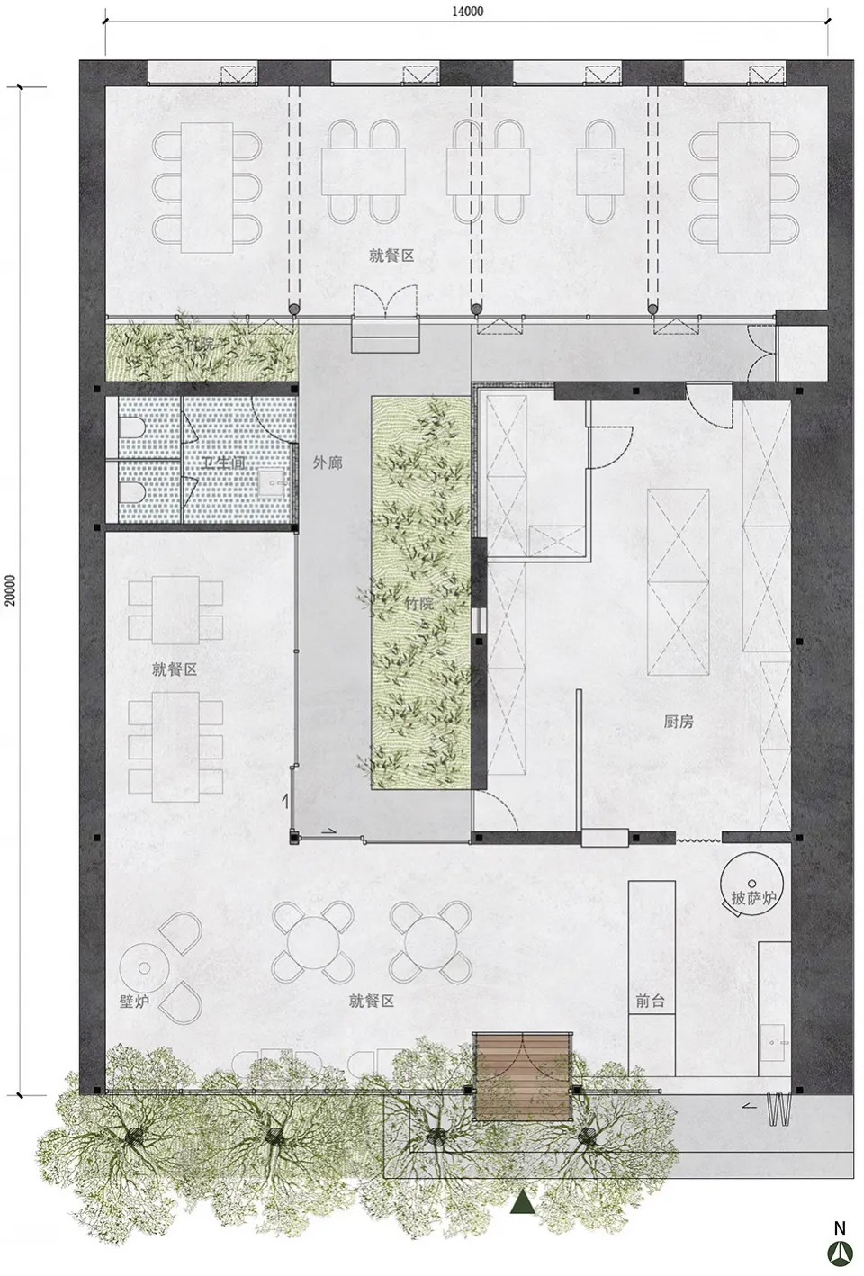 Neutral-toned layout of a restaurant interior, including dining areas, kitchen, and restrooms.