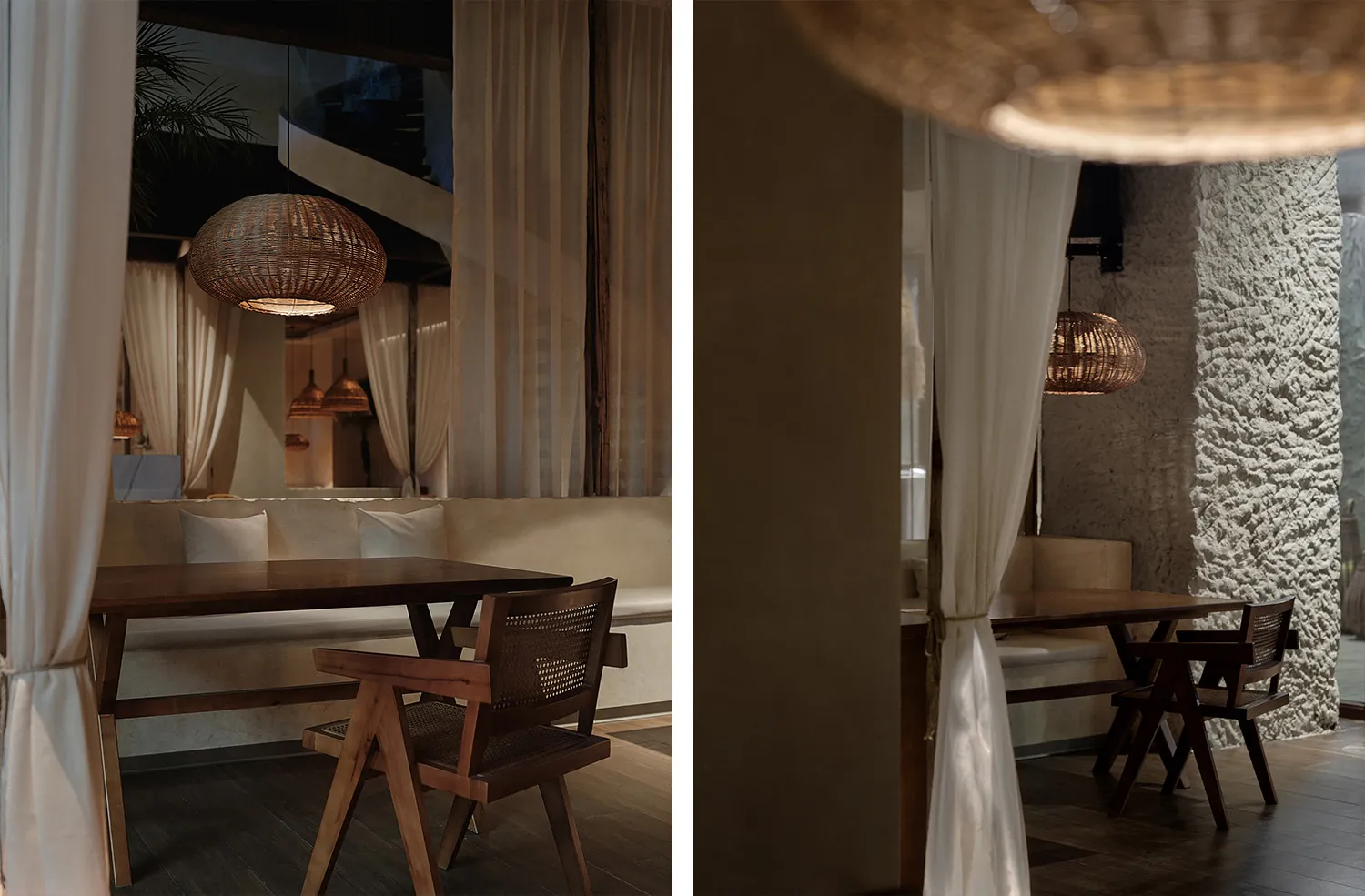 Interior design image of a restaurant floor featuring wooden furniture, concrete walls, and textile accents.