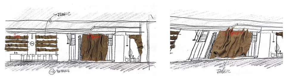Empty bar with fabric covering the front and side sections.
