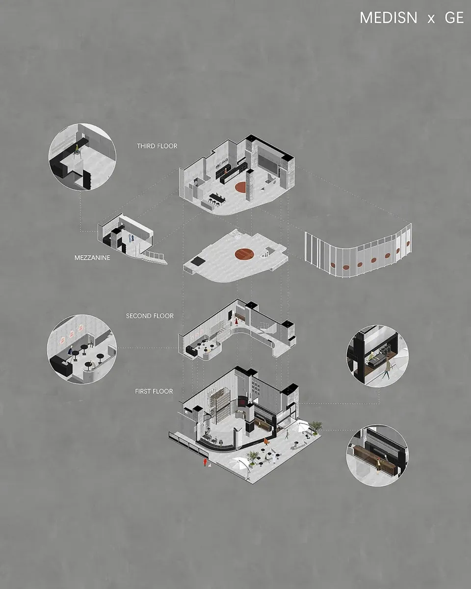 Isometric diagram of a modern office space with concrete, metal, and glass materials.
