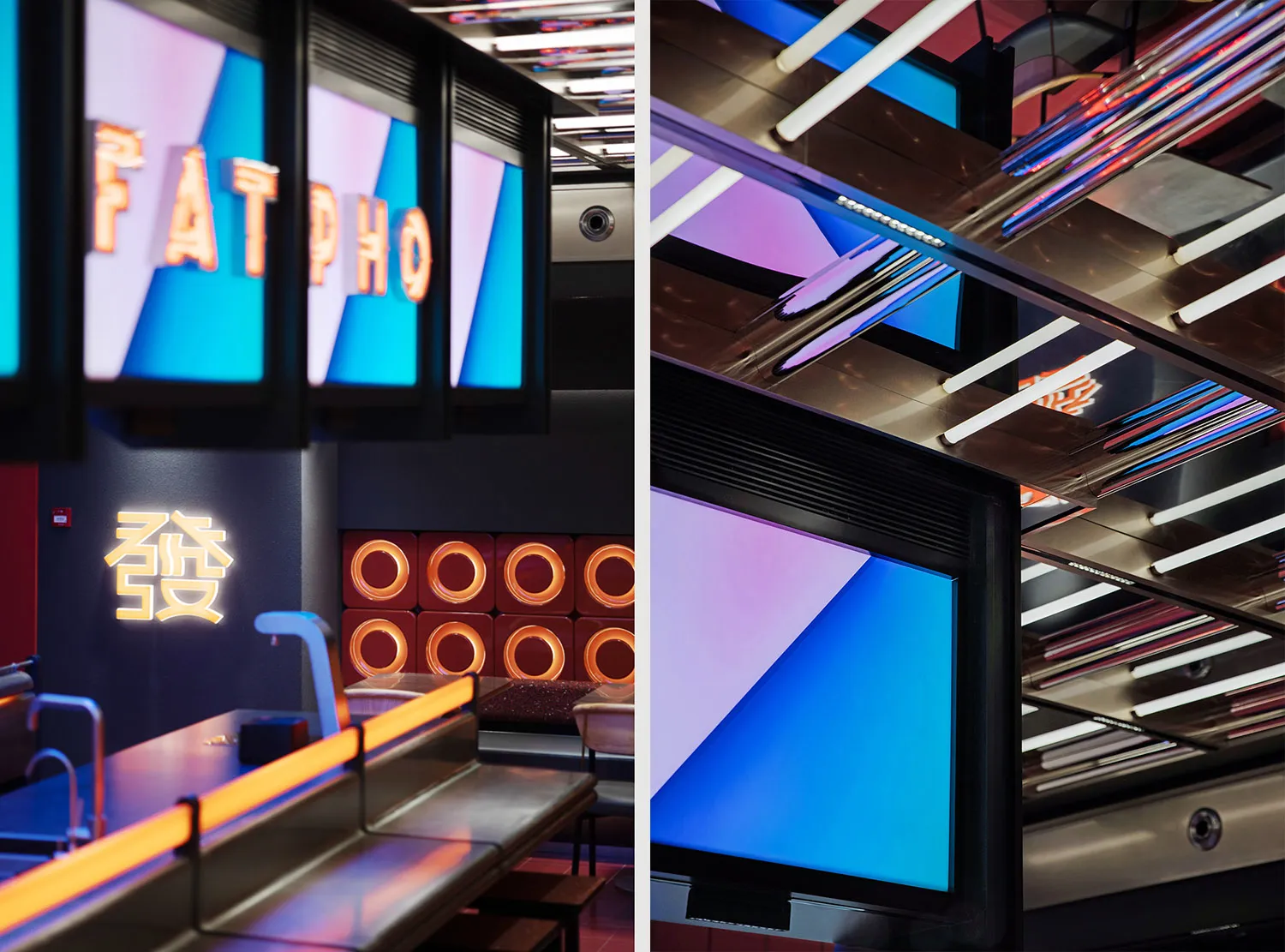 A vibrant and modern restaurant interior with colorful neon signs.