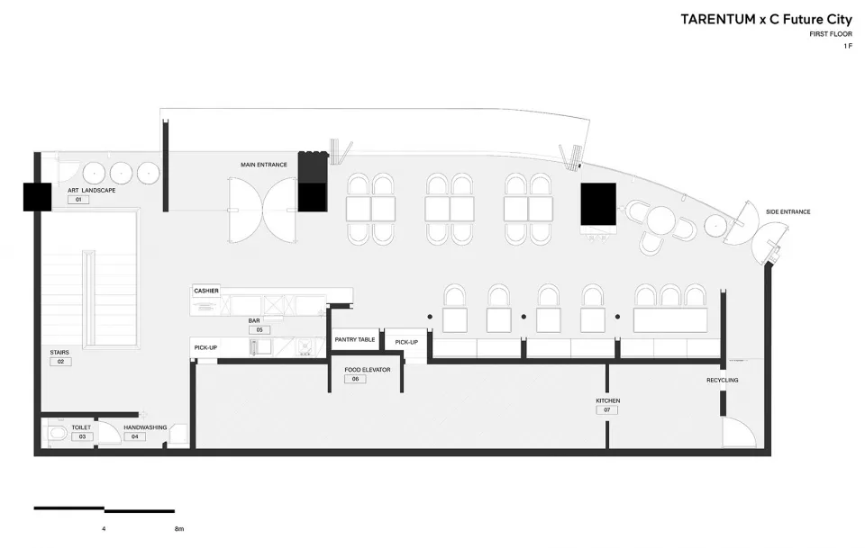 餐廳建築平面圖,展示其整體配置,包含主入口、收銀台、儲藏室等區域