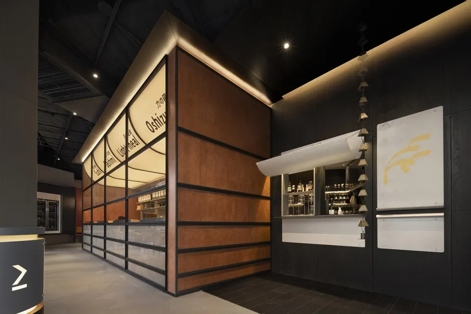 Interior design of a modern bar with wooden and glass materials
