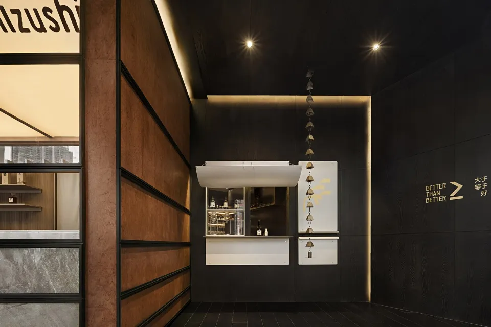 Modern bar interior with wooden walls, marble bar counter, and hanging decor