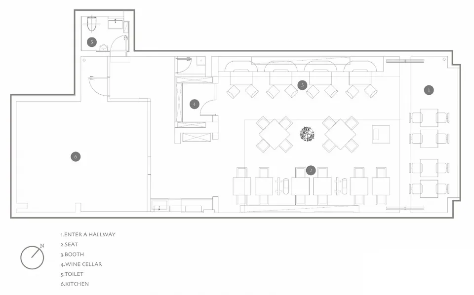2D architectural drawing of a restaurant layout featuring neutral-colored materials and functional zones.
