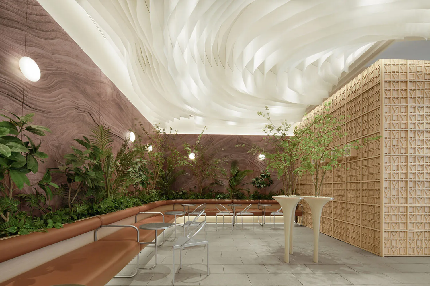 Modern restaurant interior with wooden walls, concrete flooring, and greenery