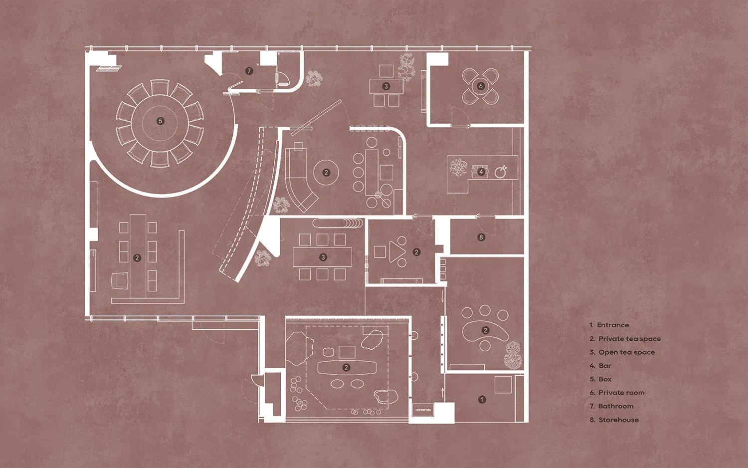 Floor plan of a modern tea shop with various seating areas, a bar, private rooms, and a storage area.