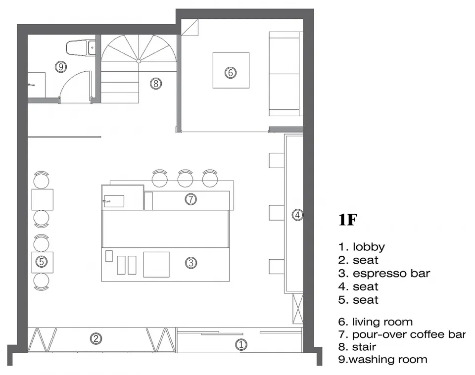 Black and white architectural drawing of a cafeteria floor plan showing seating areas, a bar, and other functional spaces.