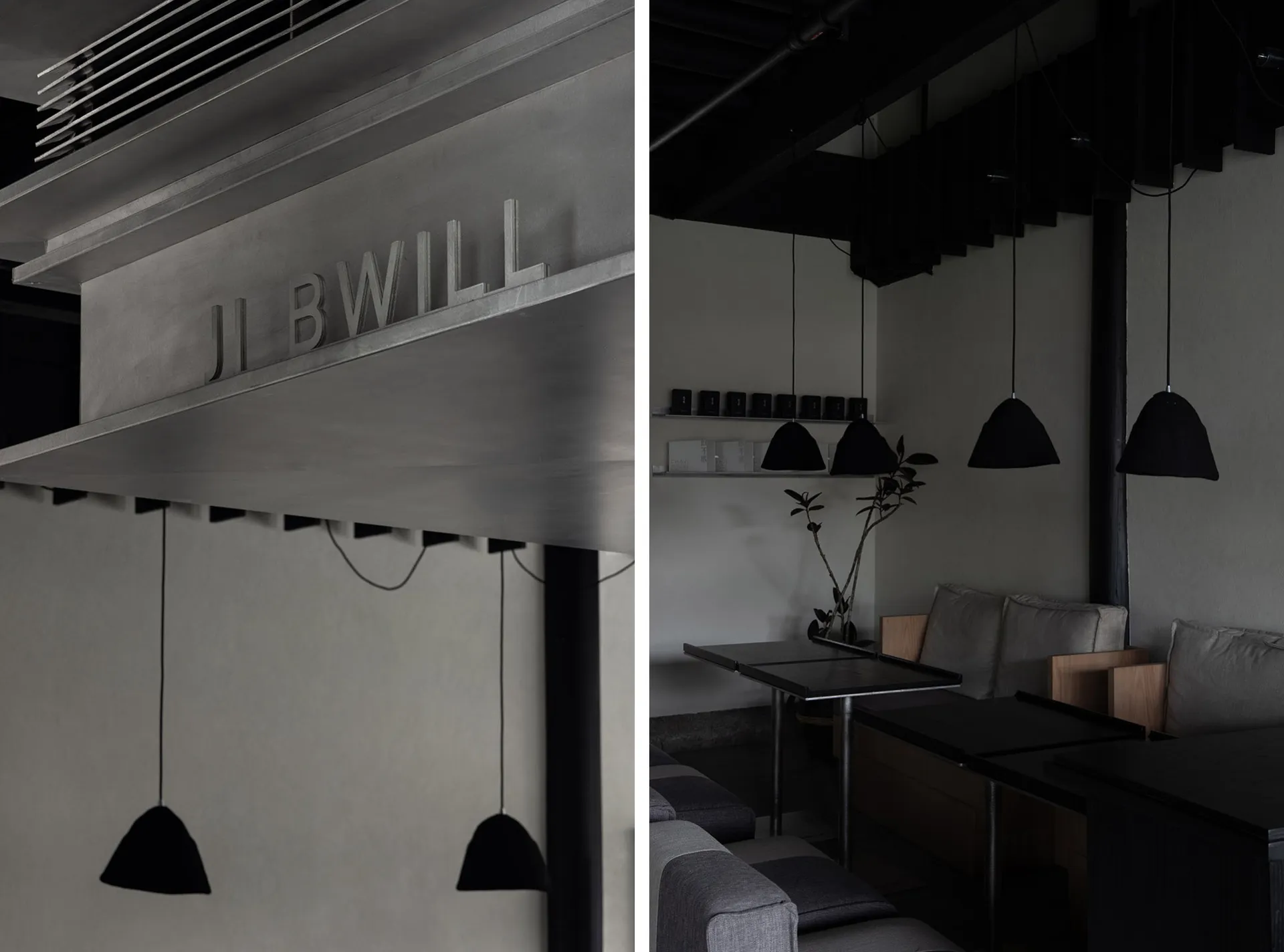 Industrial-style bar counter with metal material, industrial lighting, and minimalist design.