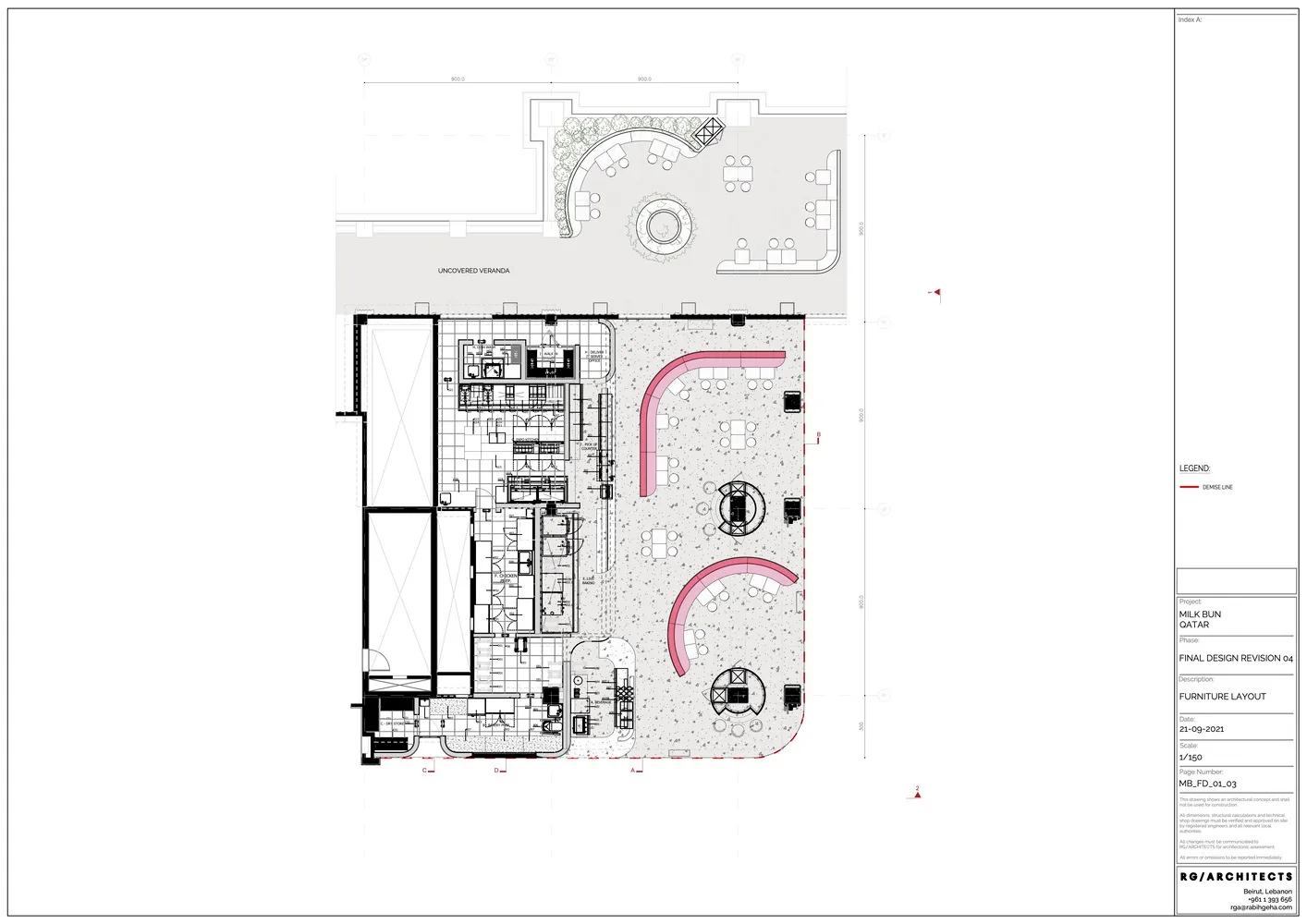Detailed architectural floor plan of a restaurant interior featuring a concrete floor with patterned tiles, layout of furnitu