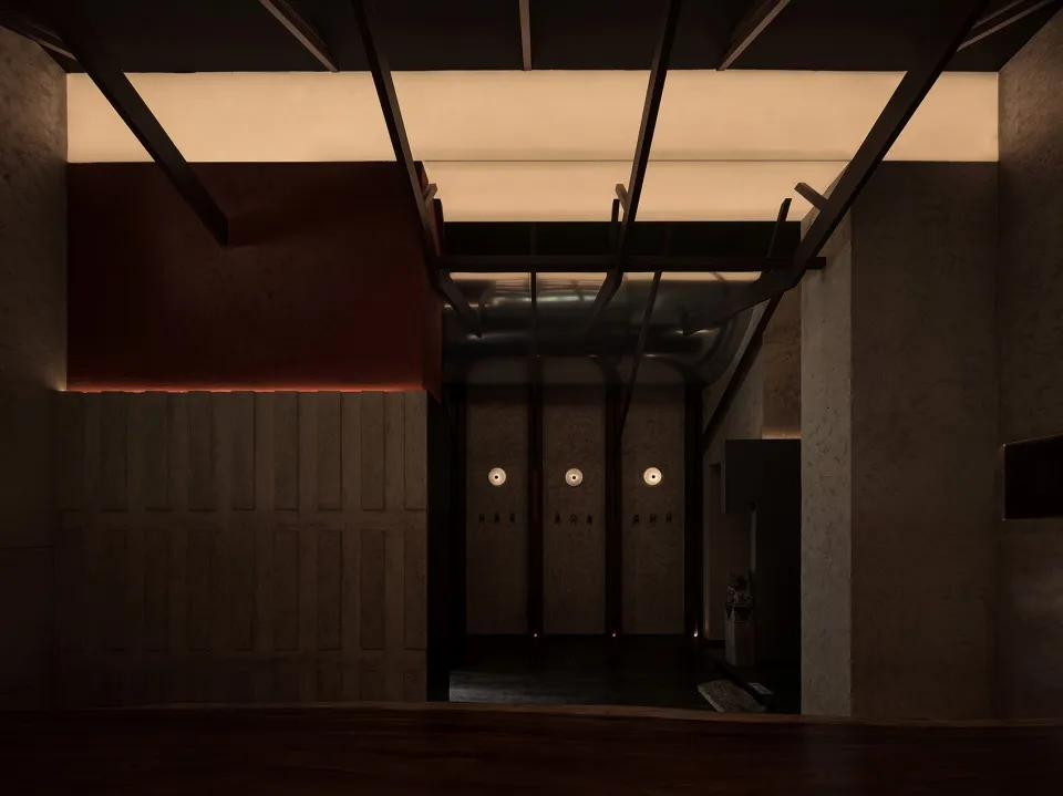 Modern restaurant interior with timber elements.