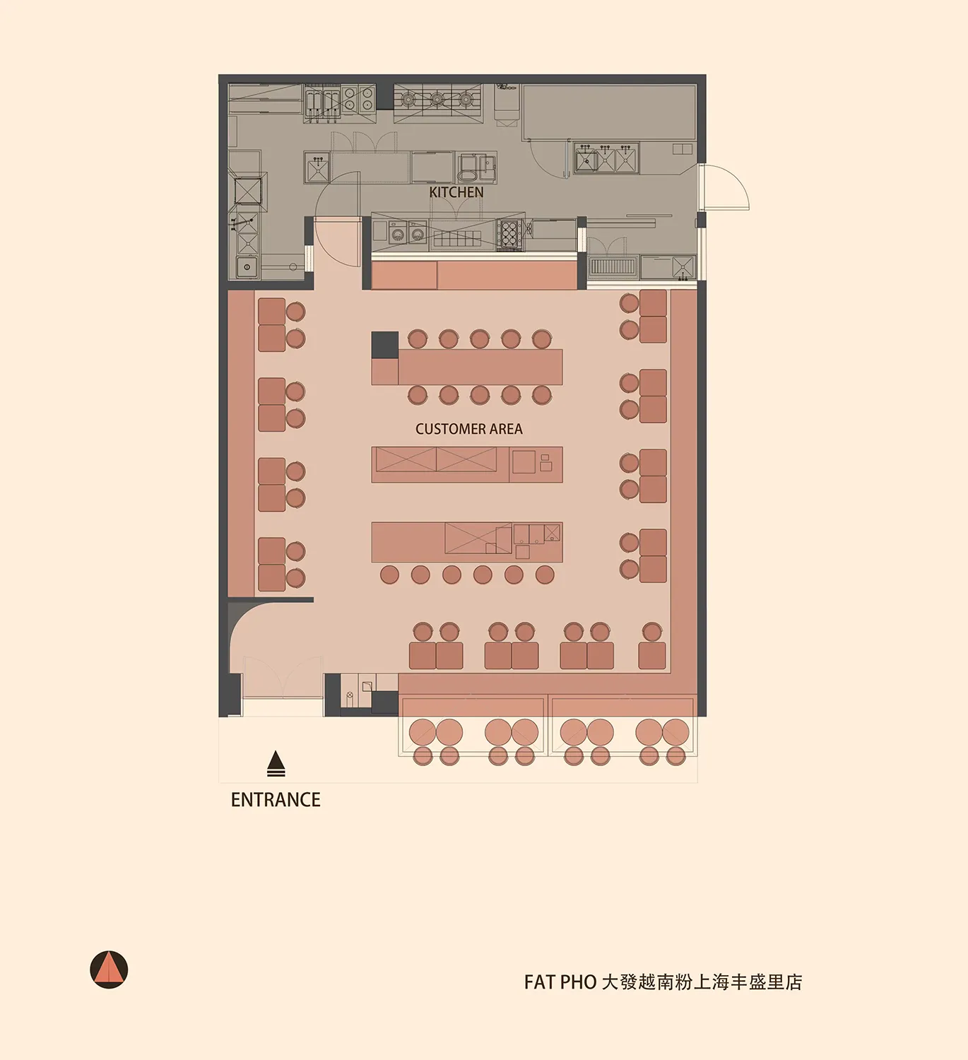 2D architectural rendering of a restaurant interior showing the floor plan, kitchen area, and seating arrangement.