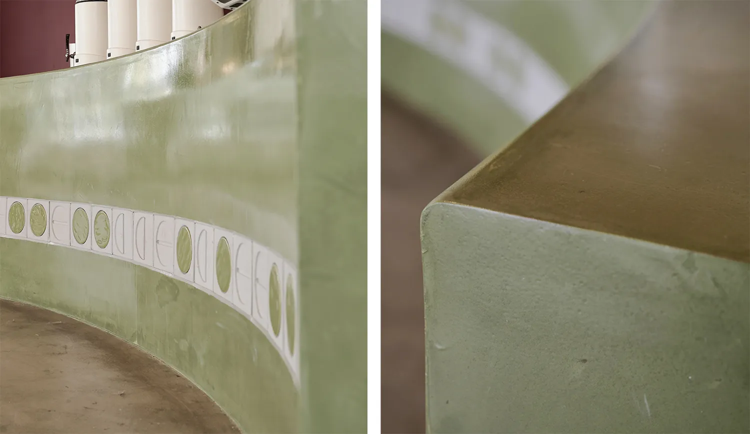 Concrete architectural column with circular patterns and smooth surface