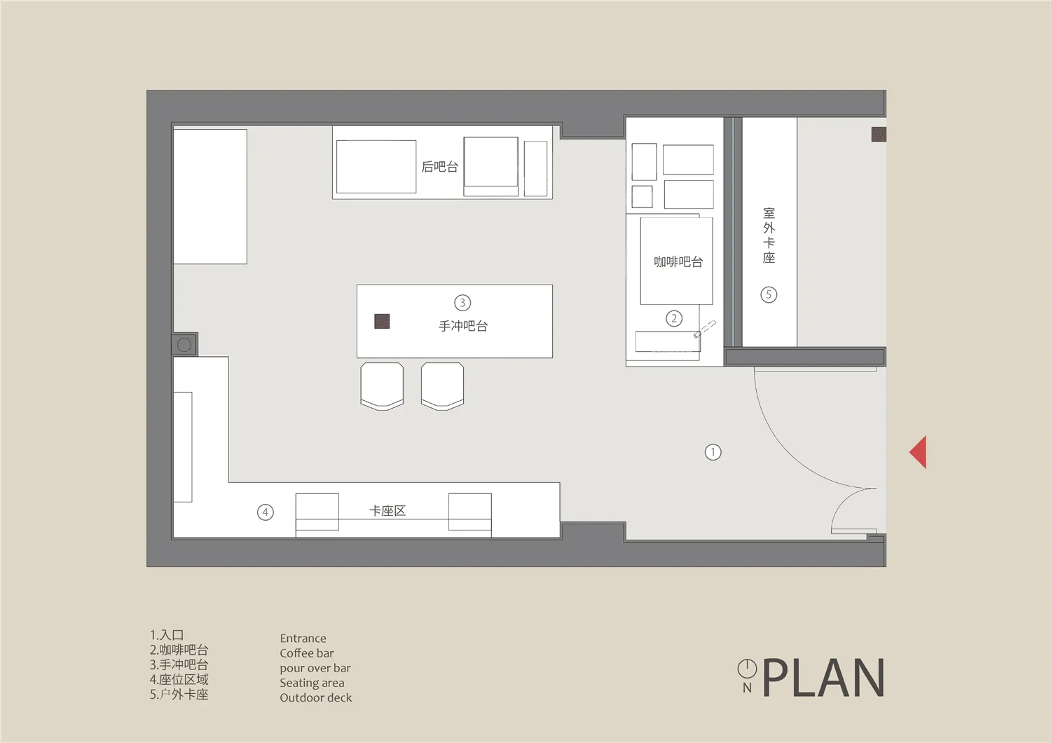 Floor plan of a coffee shop with various functional zones.