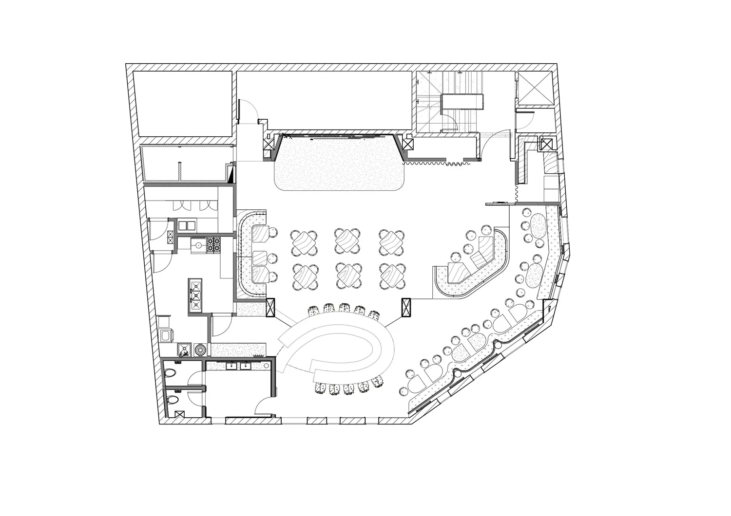 A detailed black and white floor plan of a restaurant with various seating areas, kitchen, and service stations.
