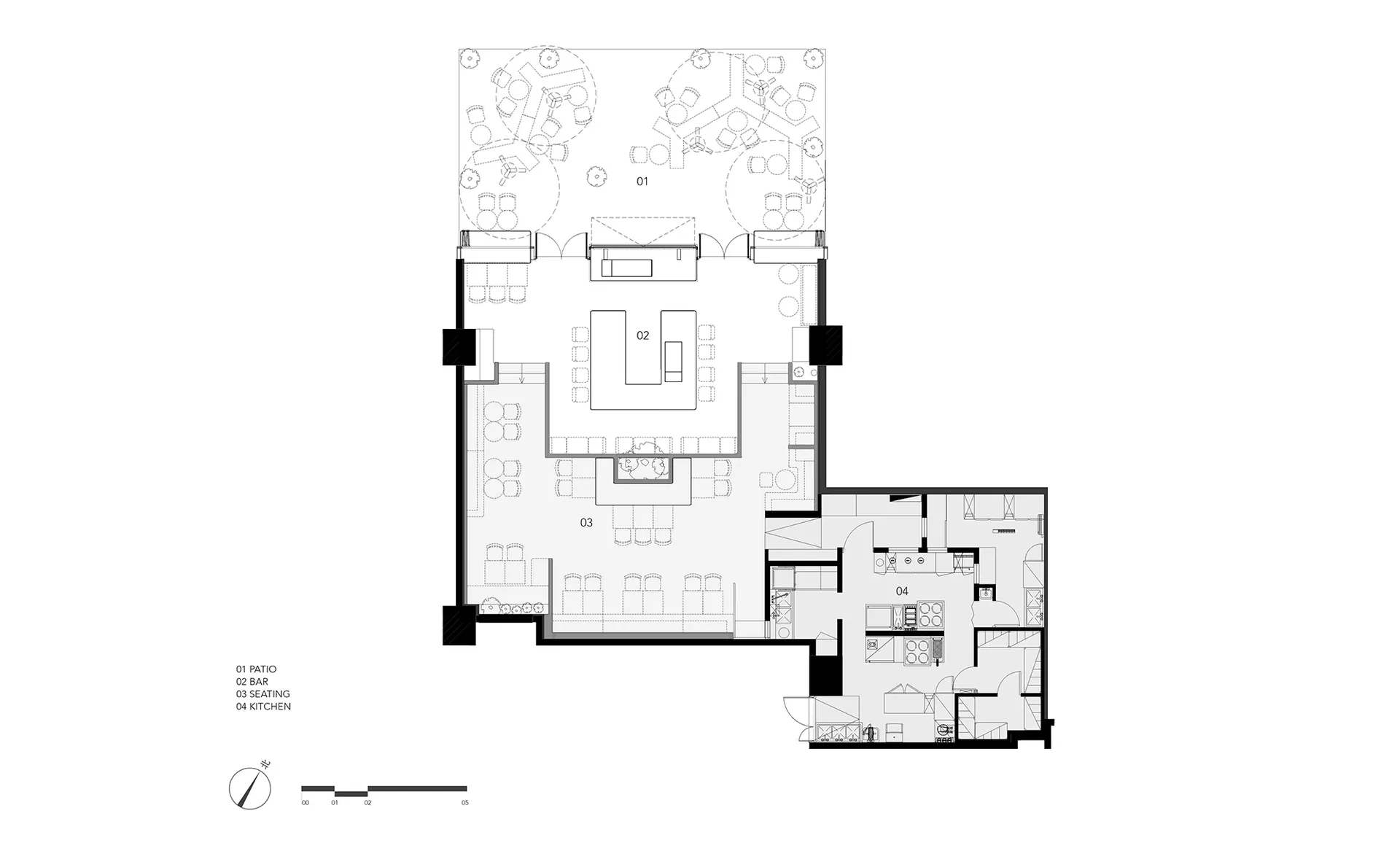 A detailed 2D floor plan of an indoor restaurant, showcasing various seating areas, a bar, a kitchen area, and a patio.