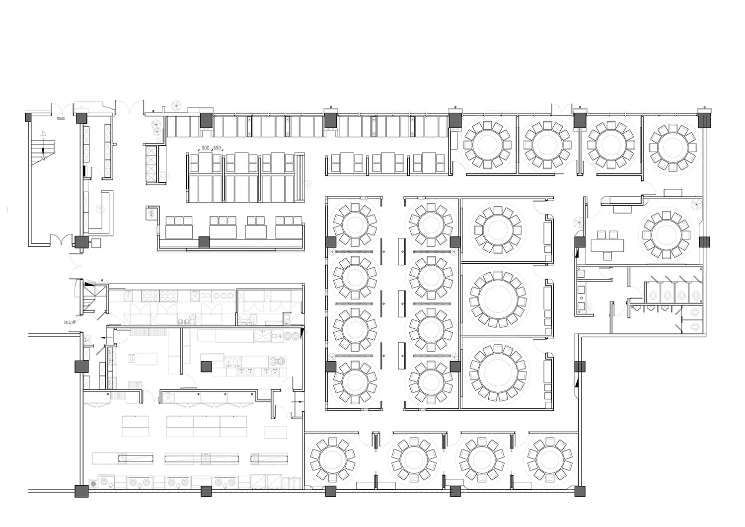 Modern restaurant layout with a neutral color palette, featuring multiple seating areas and a central kitchen.