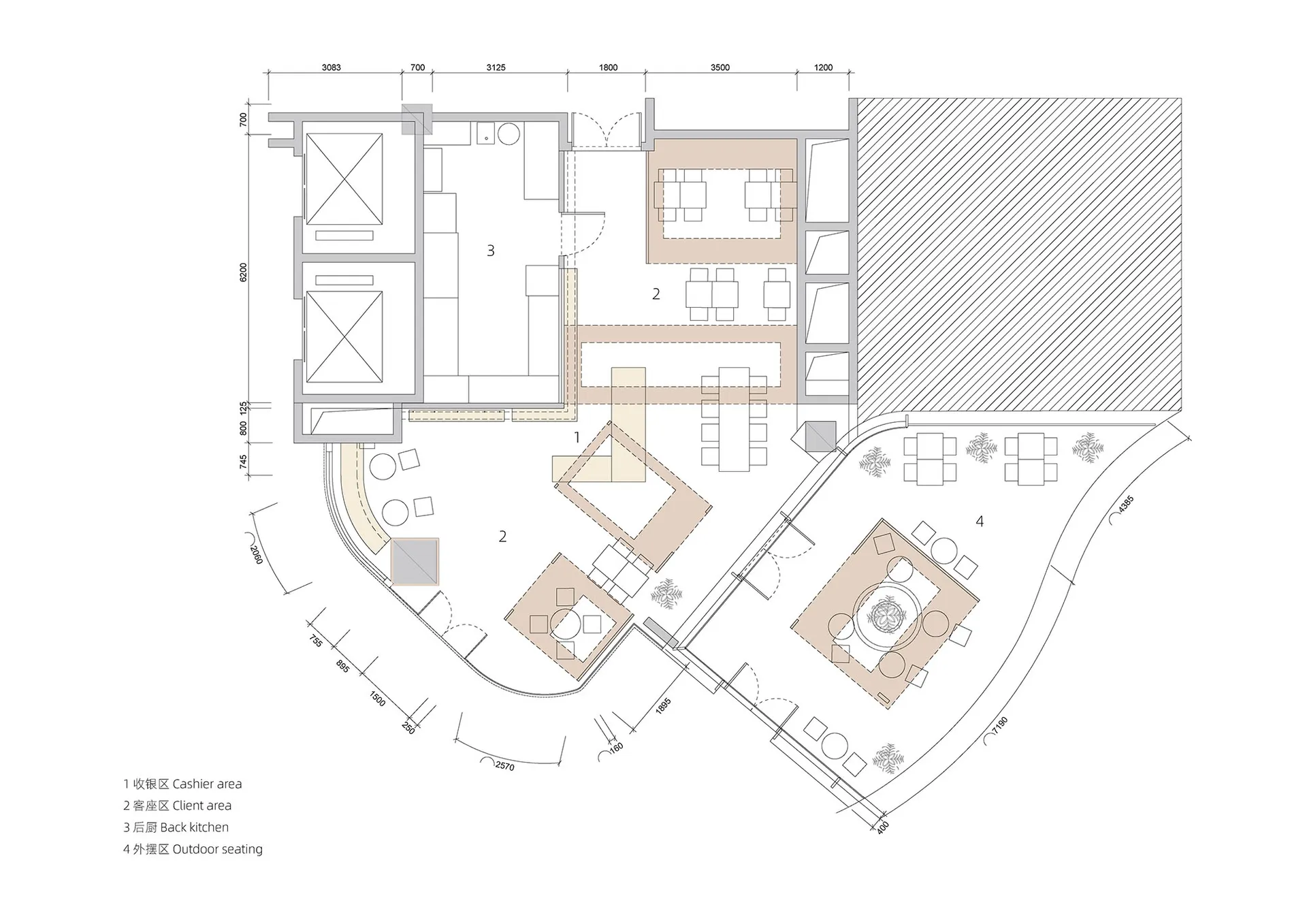 A detailed architectural drawing of a restaurant interior with neutral tones and open seating areas.