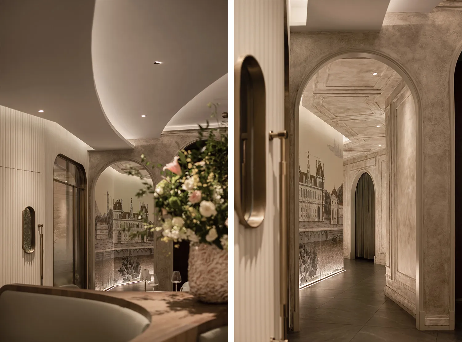 A modern restaurant interior with plaster walls and floral decorations.