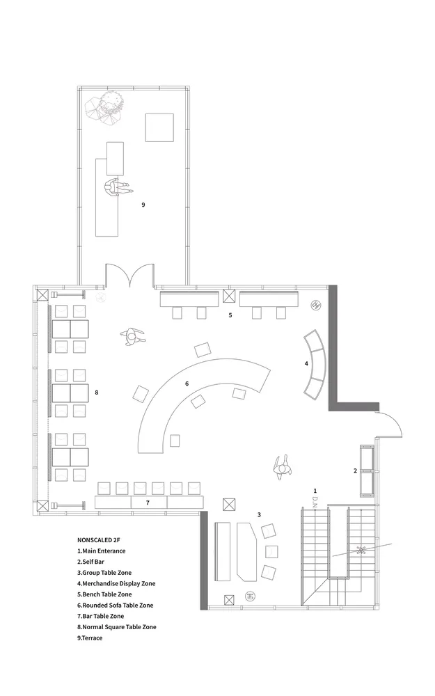 A meticulously detailed, non-scaled 2D technical architectural drawing of a restaurant's interior space, showcasing the arran