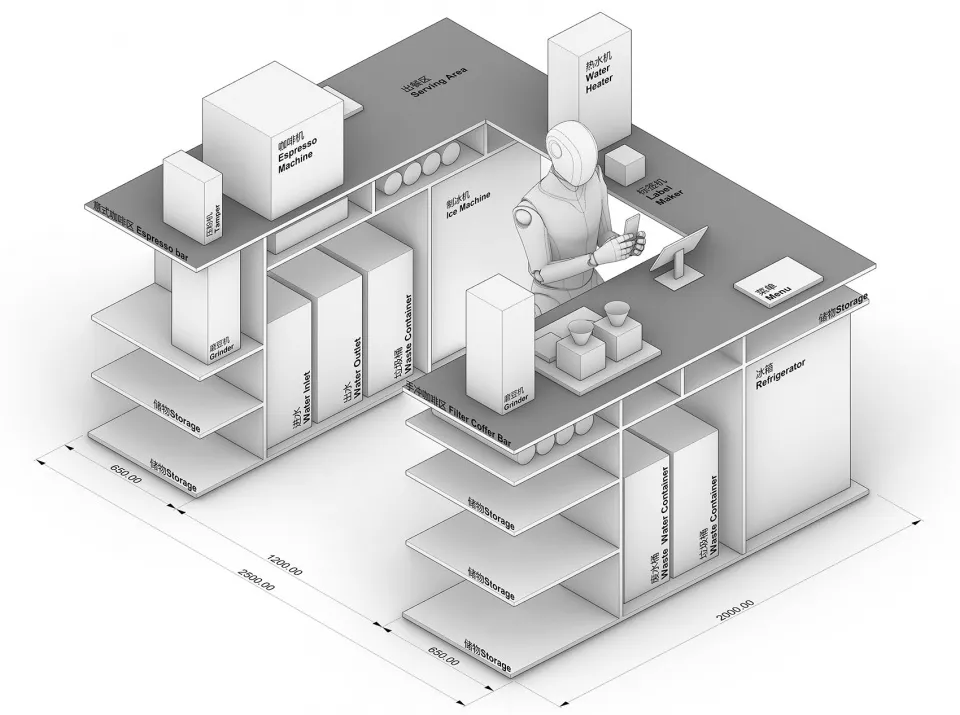 An architectural rendering of a coffee shop layout with functional zones labeled.