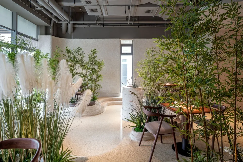 A modern restaurant interior with natural elements such as pampas grass, bamboo plants, and stone surfaces.