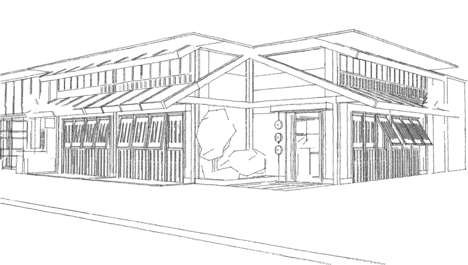 A rendering of a modern commercial building featuring mixed materials and clean lines.