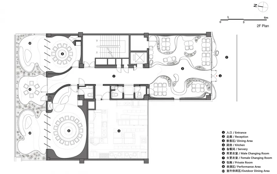 餐廳室內的2D建築藍圖,包含傢俱與空間配置