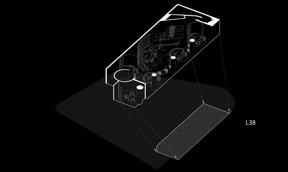 等角視圖的辦公空間,展現金屬元素與工業設計風格。