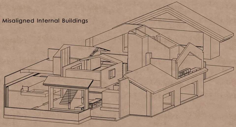 錯位的住宅建築剖面圖,顯示結構不一致與空間混亂。