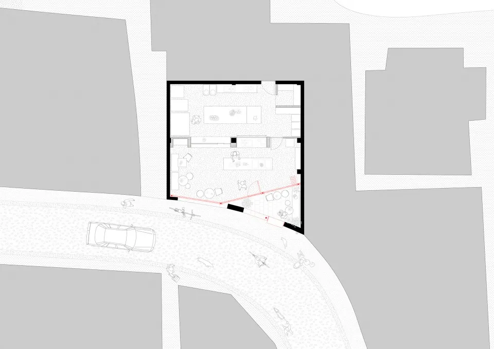 現代簡約的商業廚藝空間建築平面圖。