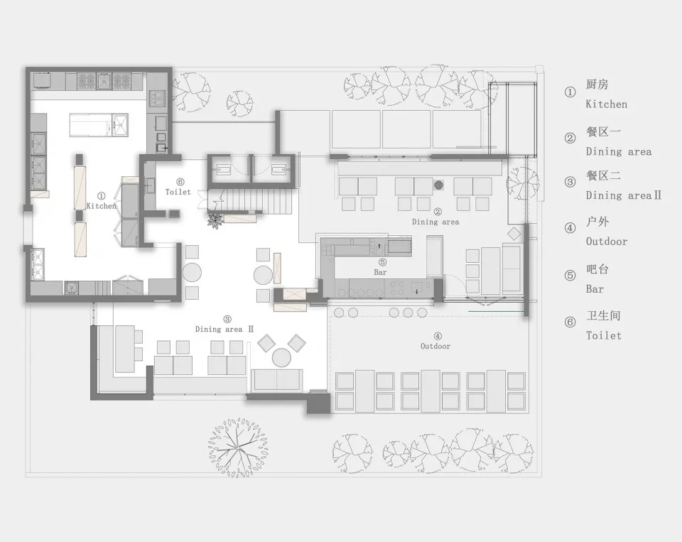 Modern minimalist restaurant interior design showing kitchen, dining areas, and outdoor seating.