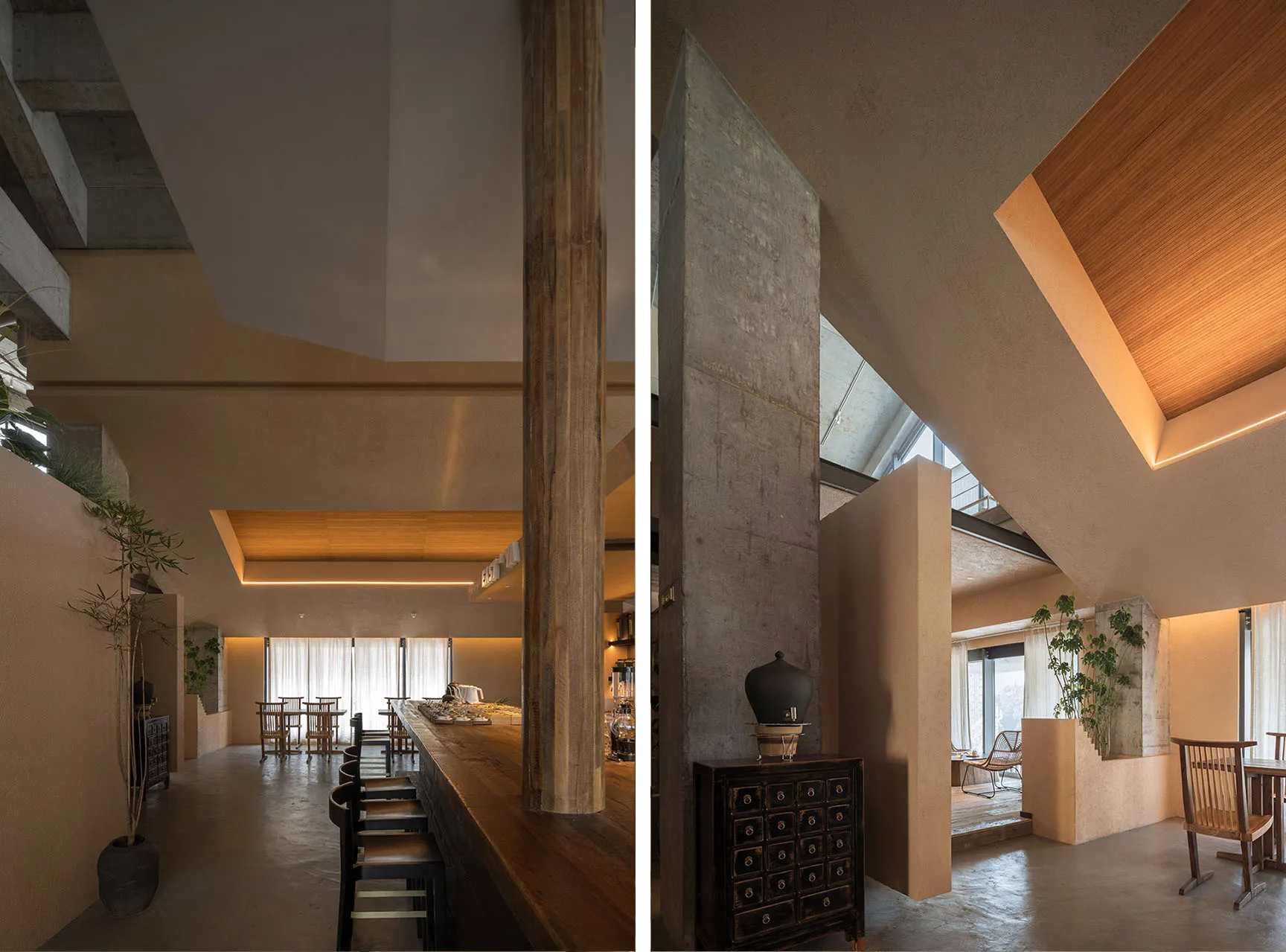 A modern restaurant interior featuring concrete walls and wooden accents.