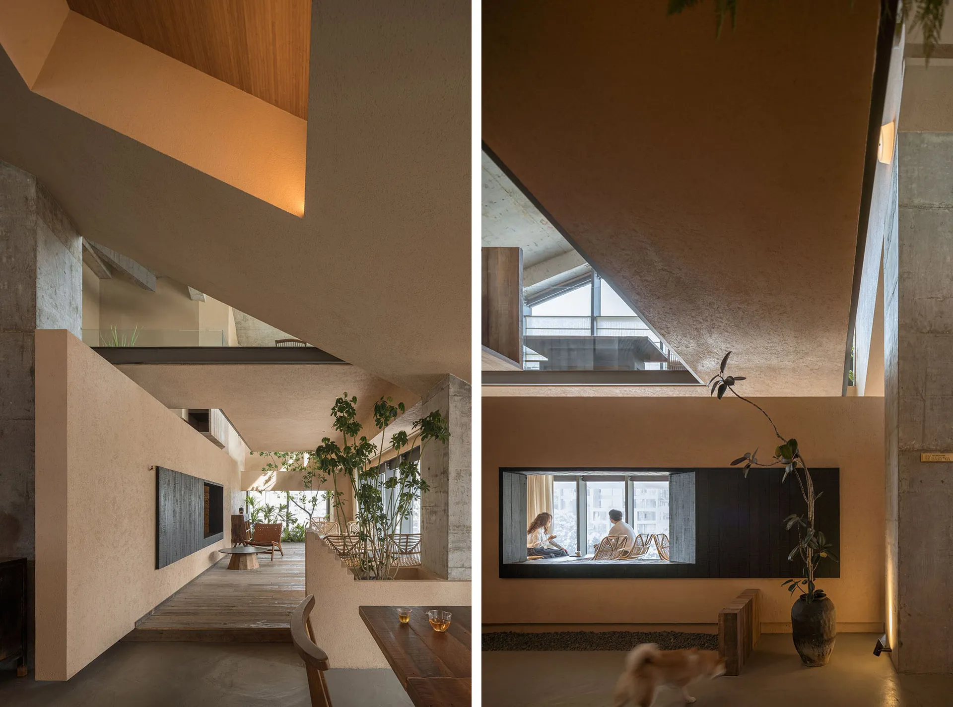 A modern residential space with exposed concrete walls, wooden elements, and large windows, featuring a comfortable seating a