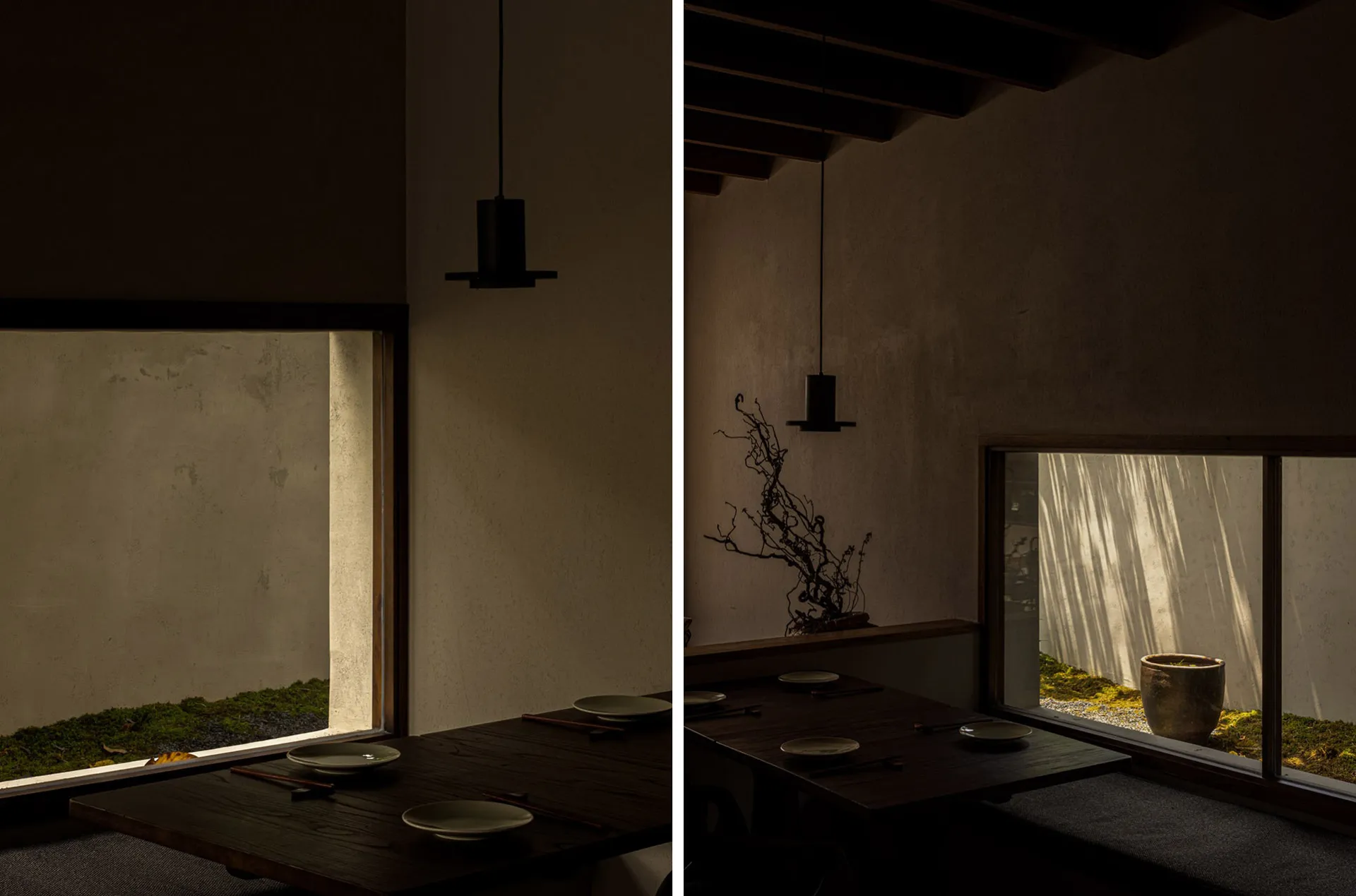 A cozy Asian-themed restaurant space featuring wood and concrete materials, with a low hanging light fixture and a table sett