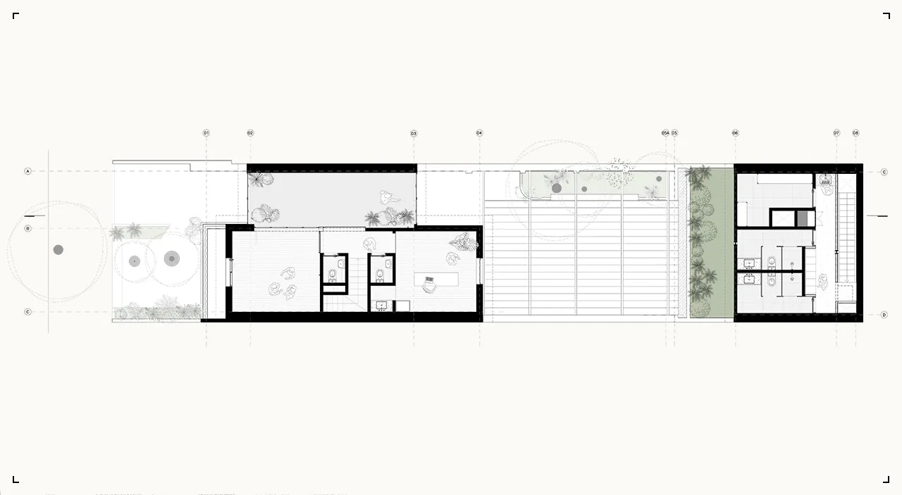 一張以現代材料呈現的簡約住宅建築平面圖。