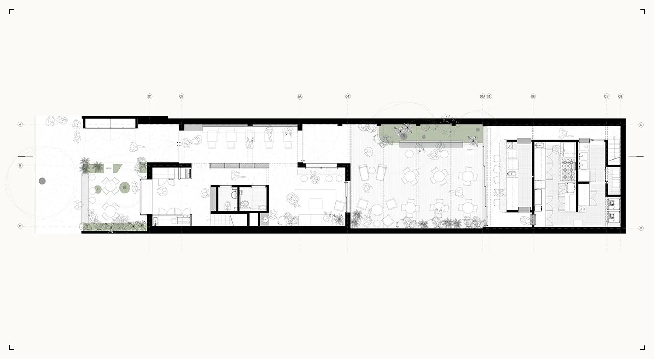 Minimalist living room layout with furniture and plants.