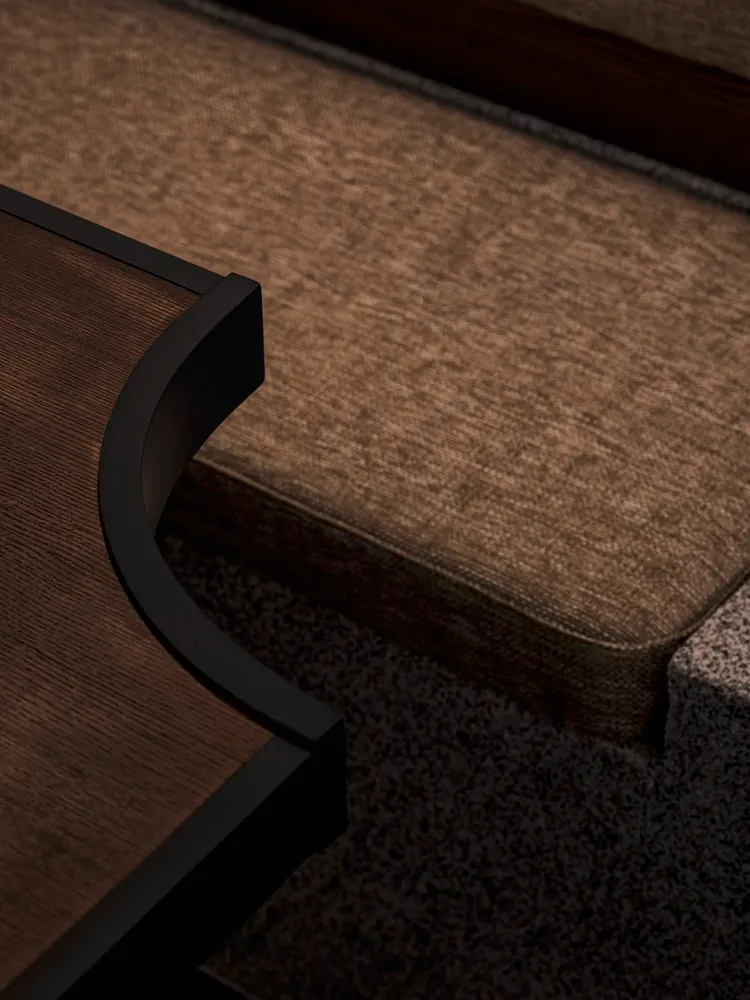 A modern coffee table with a wooden top and a metal frame.