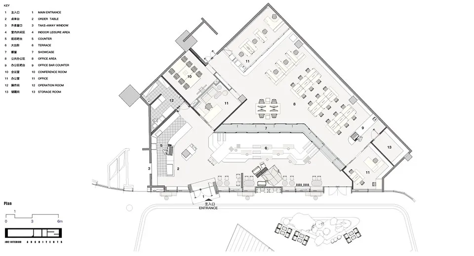 Floor plan of a modern office interior showing various functional zones and spaces.