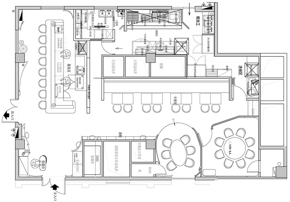 黑白餐廳美食廣場平面圖，顯示座位安排、餐飲站與廚房區域。